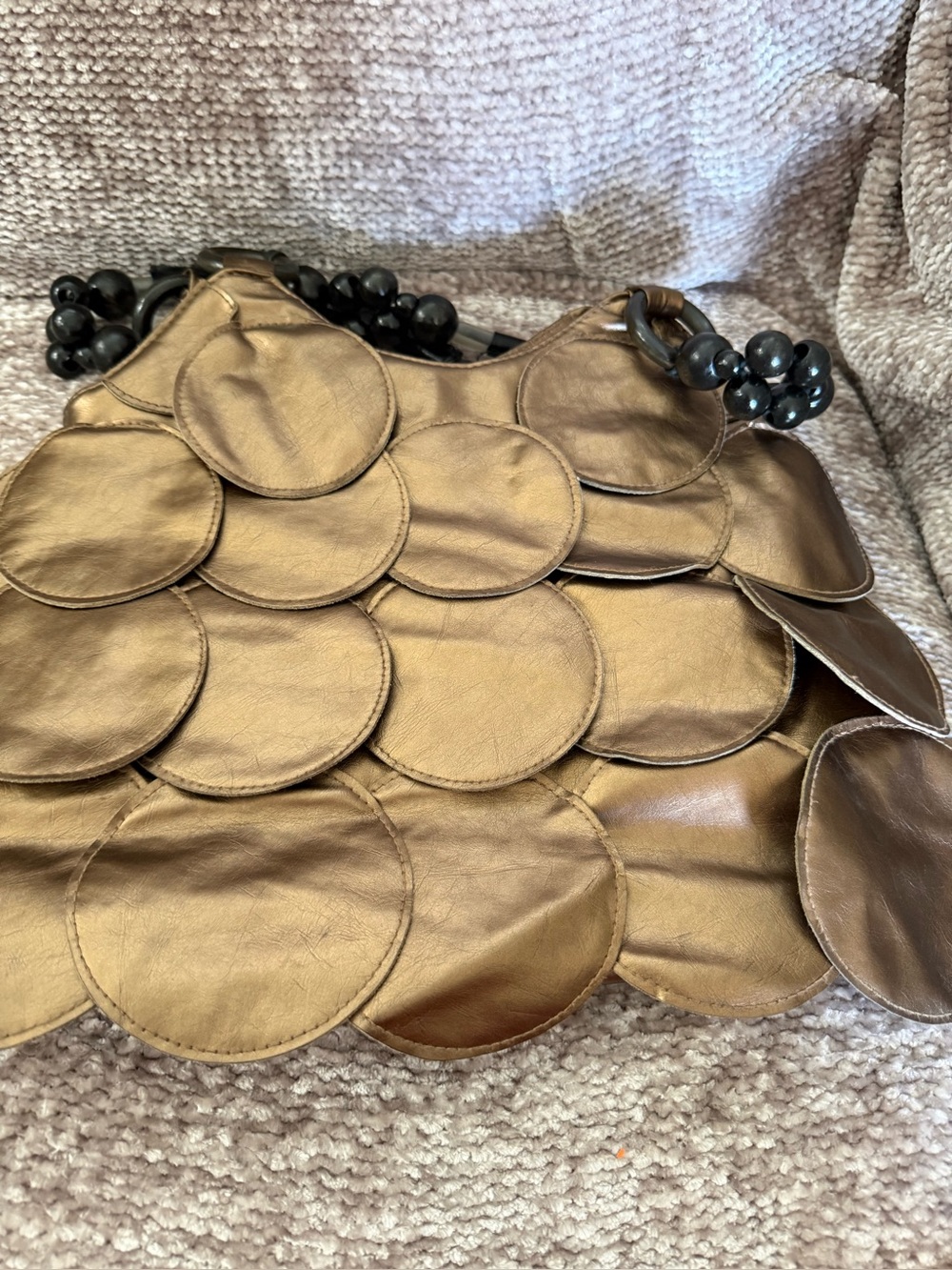 Bueno Bronze Metallic Scale Beaded Handle Shoulder Bag Boho Eclectic Hobo